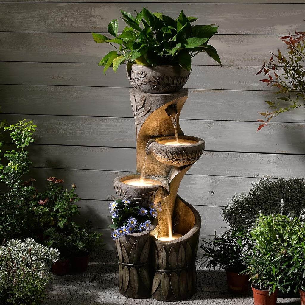 35.6' H Outdoor Water Fountain - Relief Leaf Design 4 Tiers Modern Cascading Bowls and Garden Fountains with Lights for Patio, Deck, Porch, Lawns, Backyard and Home Art Decor