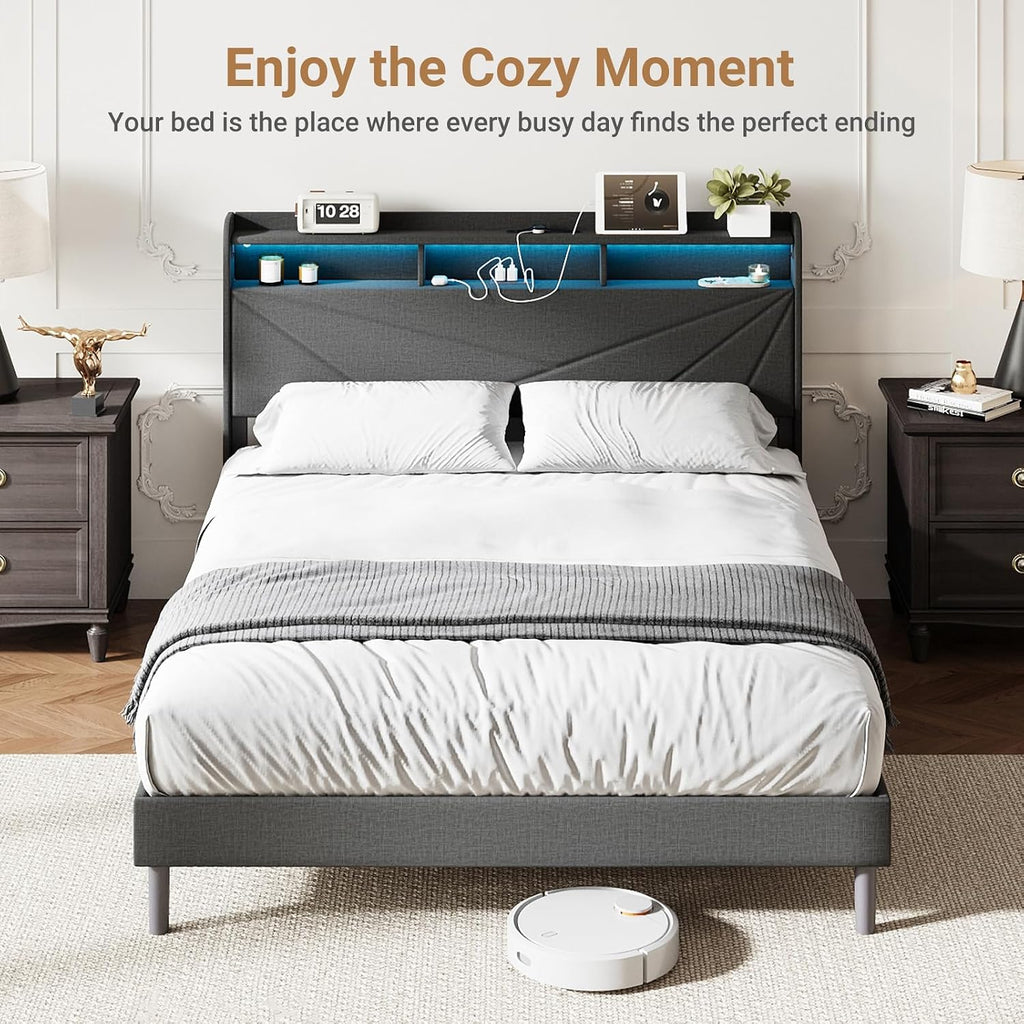 COLAMY Queen Bed Frame with Charging Station & LED Lights, Upholstered Headboard with 2-Tier Storage, Heavy Duty Metal Platform Bed with Wood Slats, No Box Spring, Noise-Free, Easy Assembly, Grey