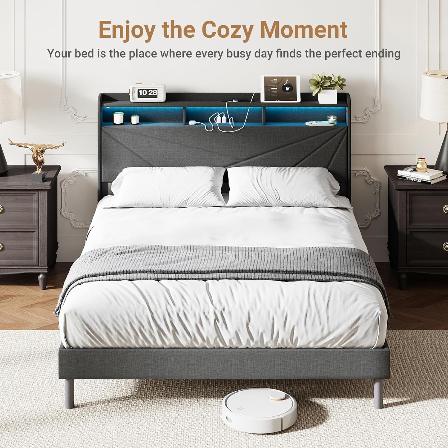 COLAMY Queen Bed Frame with Charging Station & LED Lights, Upholstered Headboard with 2-Tier Storage, Heavy Duty Metal Platform Bed with Wood Slats, No Box Spring, Noise-Free, Easy Assembly, Grey