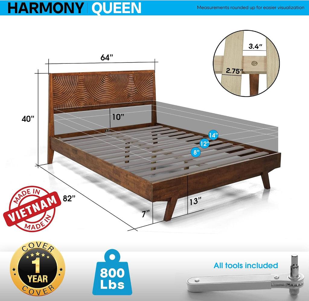 Acacia Harmony Queen Platform Bed Frame – Solid Rubber Wood, Walnut Finish, Mid-Century Style, Unique Wood Grain Pattern, 800lbs Capacity, No Box Spring Required, Easy Setup