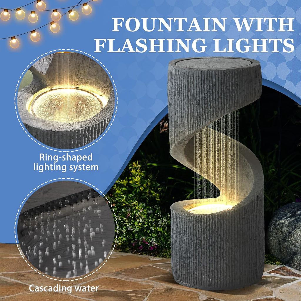 31.9' Outdoor Garden Water Fountain, S-Shaped Cascading Fountains and Waterfalls with LED Lights & Splash-Proof Net, Indoor/Outdoor Floor Standing Water Feature for Patio, Backyard, Home Decor