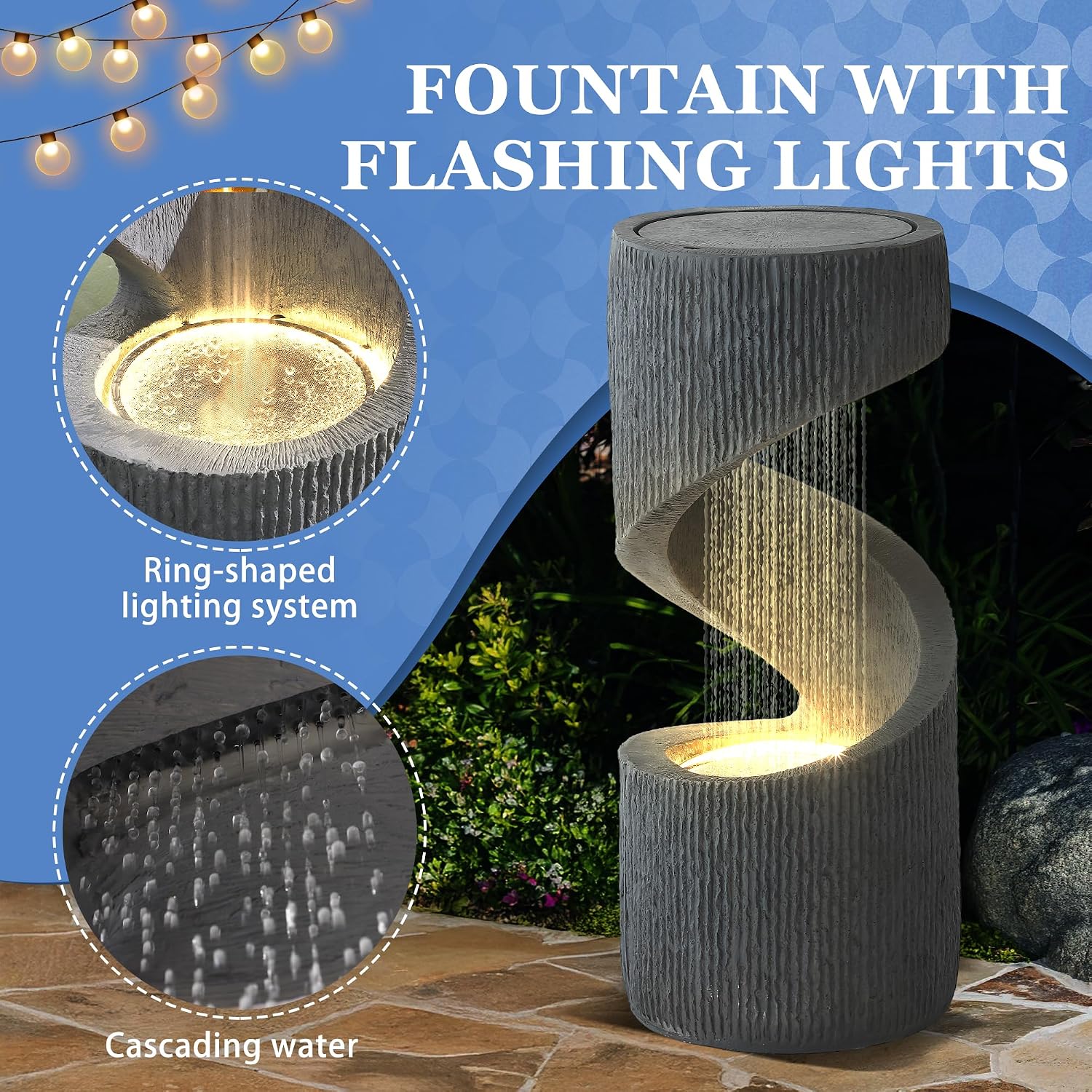31.9' Outdoor Garden Water Fountain, S-Shaped Cascading Fountains and Waterfalls with LED Lights & Splash-Proof Net, Indoor/Outdoor Floor Standing Water Feature for Patio, Backyard, Home Decor
