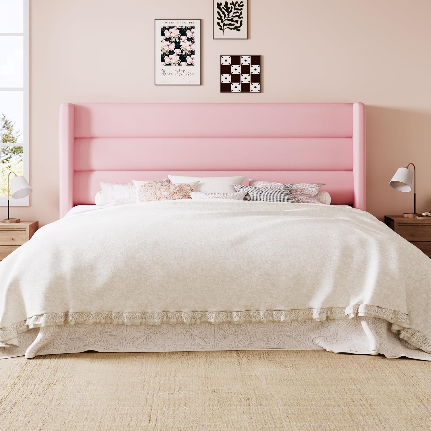 Allewie Queen Size Platform Bed Frame with Velvet Upholstered Wingback Headboard, No Box Spring Needed, Under Bed Storage Space, Strong Wooden Slats, Modern Mattress Foundation, Easy Assembly, Pink
