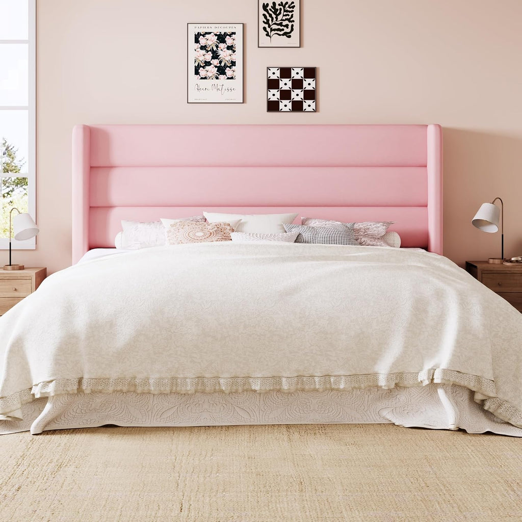 Allewie King Size Platform Bed Frame with Velvet Upholstered Wingback Headboard, No Box Spring Needed, Under Bed Storage Space, Strong Wooden Slats, Modern Mattress Foundation, Easy Assembly, Pink