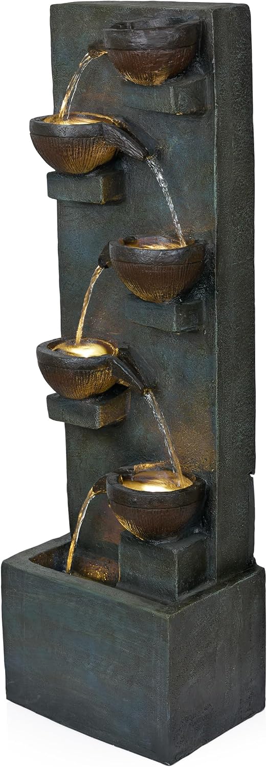Alpine Corporation TZL364 39' 6-Tier Bowl Floor Fountain with Warm LED Lights, Outdoor Garden Waterfall, Decorative Water Feature for Patio, Backyard, and Lawn, Gray