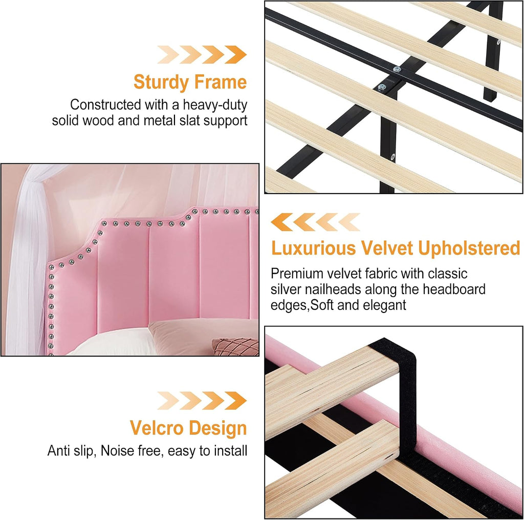 VECELO Full Upholstered Platform Bed Frame with 4 Storage Drawers,Velvet Vintage Full Bed with Nailhead Trim,Tufted Height Adjustable Headboard,Wooden Slats/No Box Spring Needed/Easy Assembly