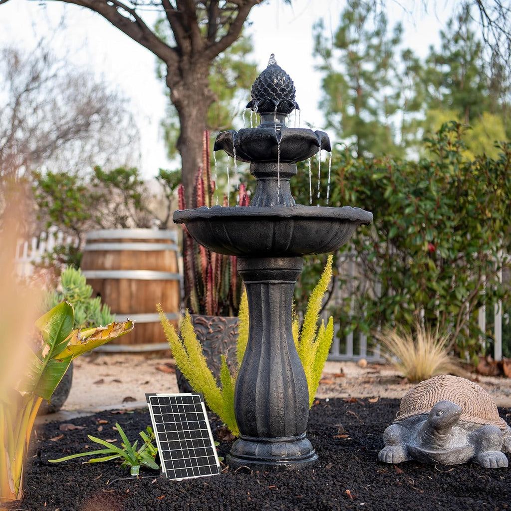 XBrand 44' Solar Powered 2-Tier Outdoor Water Fountain, Fiberglass Resin Fountain with Solar Panel and Auto Shut-Off Pump, Black