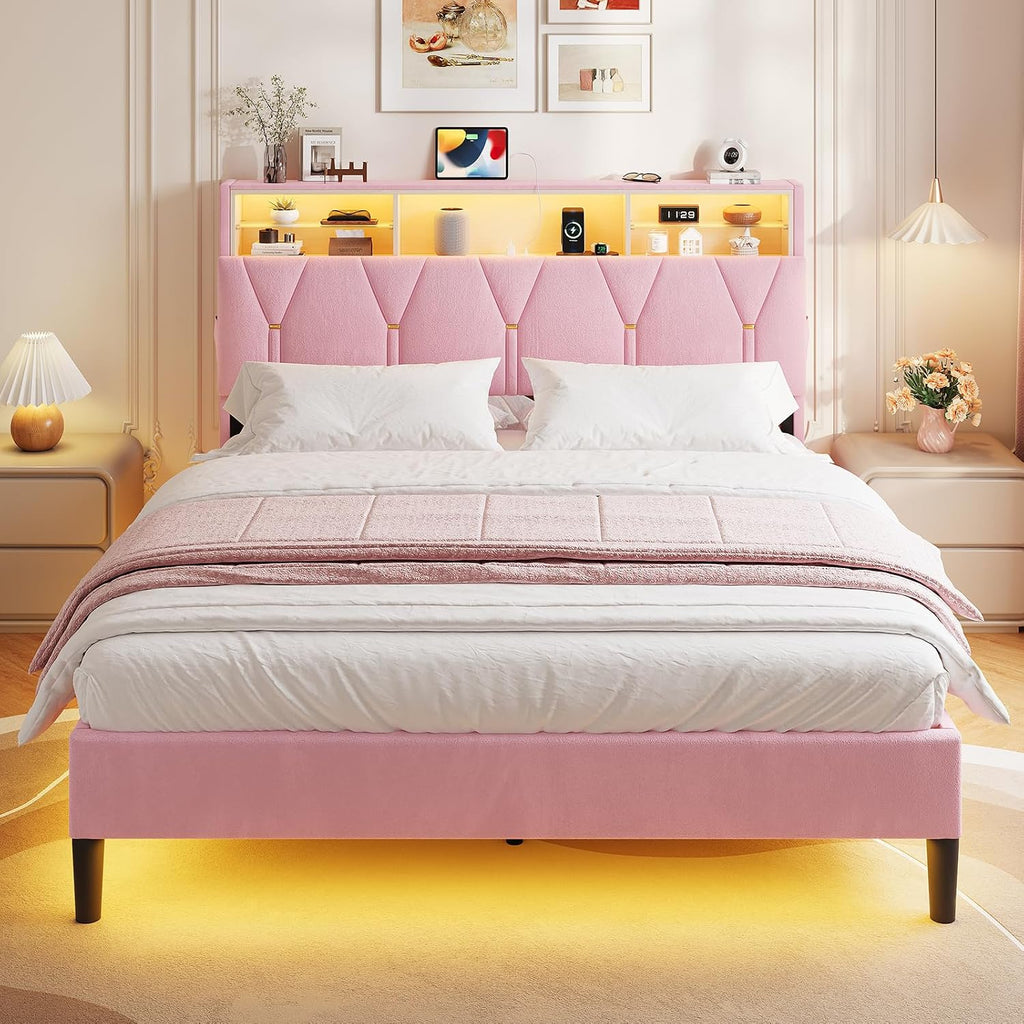 HAUOMS Full Size Bed Frames with Storage Headboard,Power Outlet, Modern Velvet Upholstered Platform Bed LED Bed Frame with 5 Storage Shelves, No Box Spring Needed, Pink