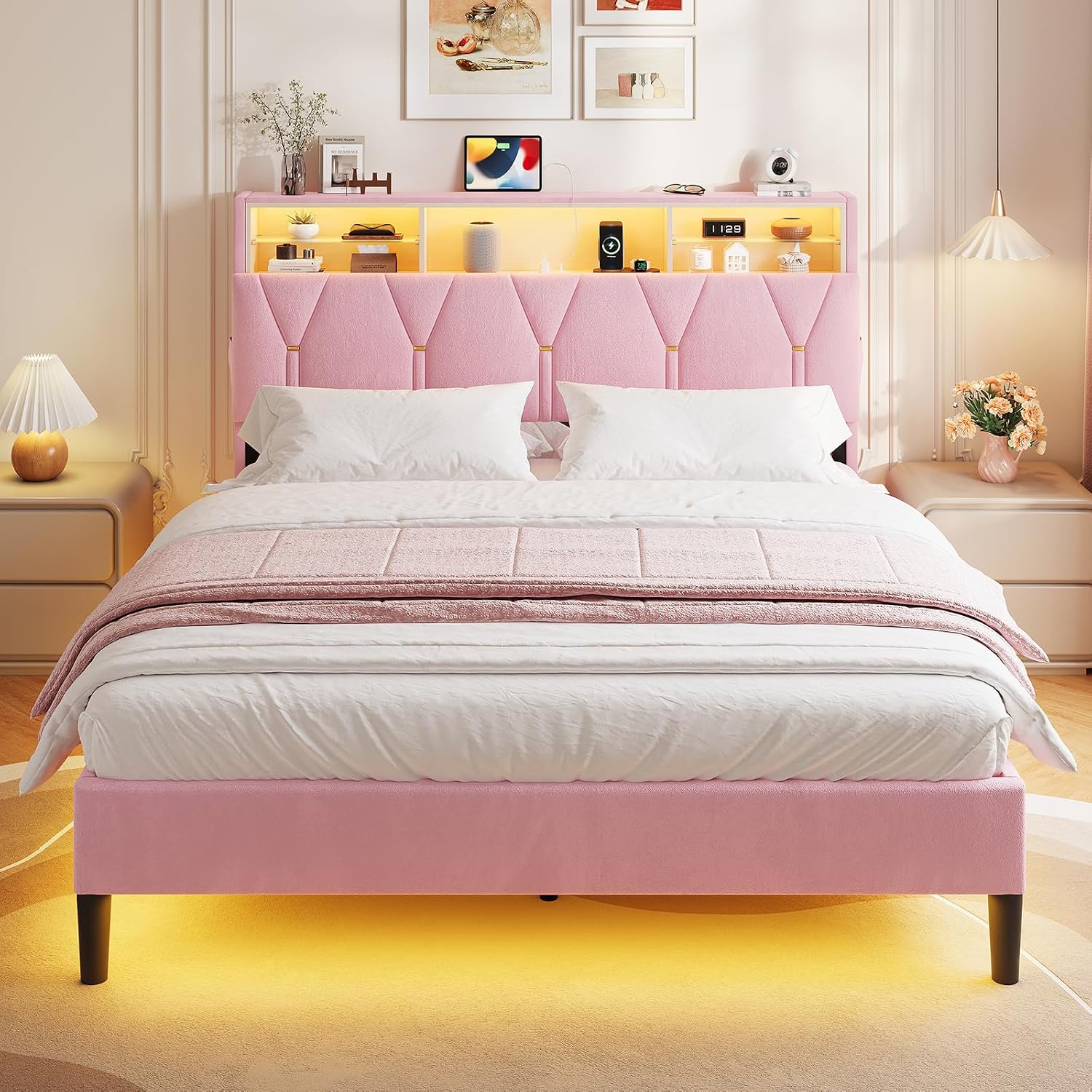HAUOMS Full Size Bed Frames with Storage Headboard,Power Outlet, Modern Velvet Upholstered Platform Bed LED Bed Frame with 5 Storage Shelves, No Box Spring Needed, Pink