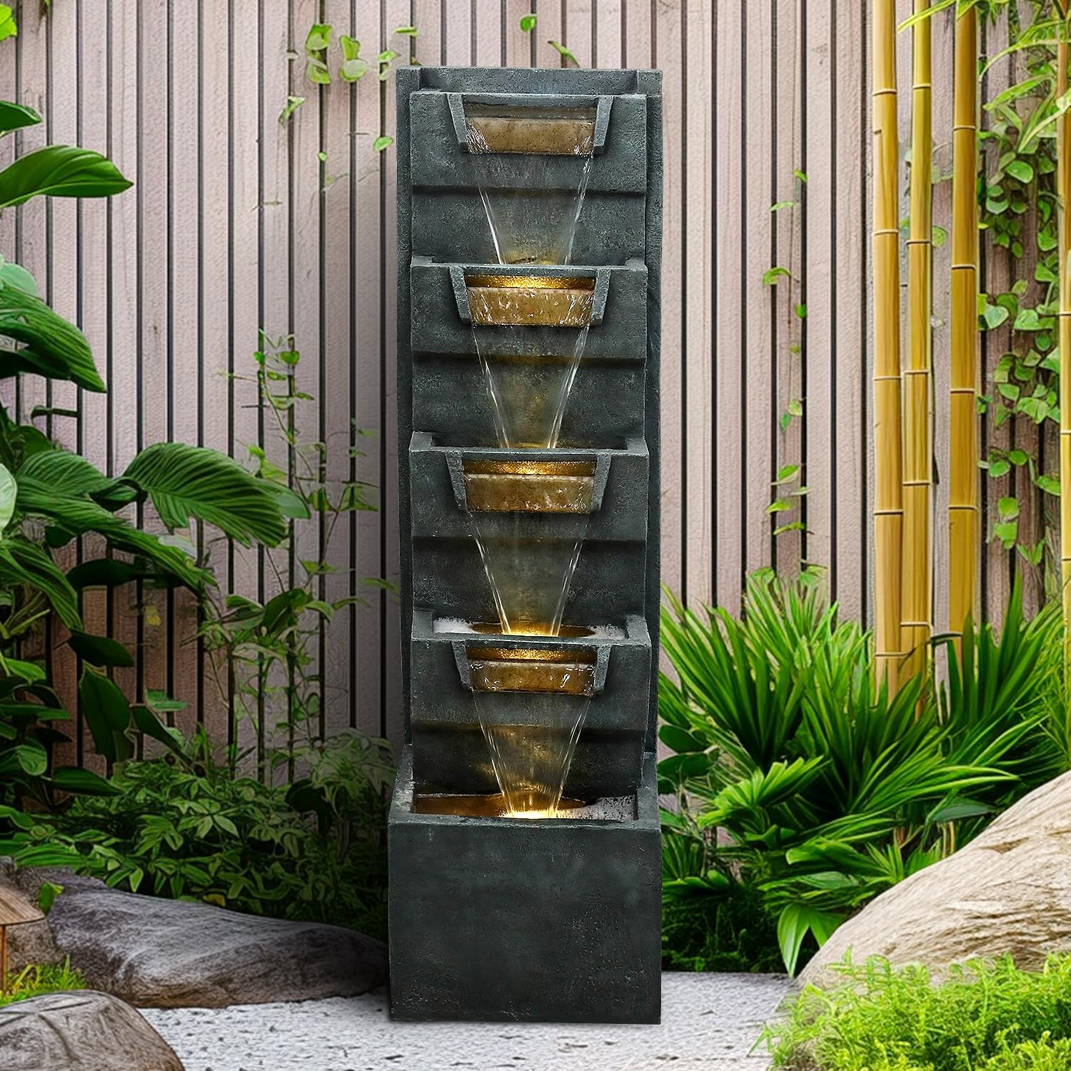 SunJet 4-Tiers Modern Cascading Indoor/Outdoor Fountains and Waterfalls with LED Lights - 39.3' High Large Water Fountain for Garden, Patio, Yard, and Deck Decor - Relaxing Water Fountain Outdoor