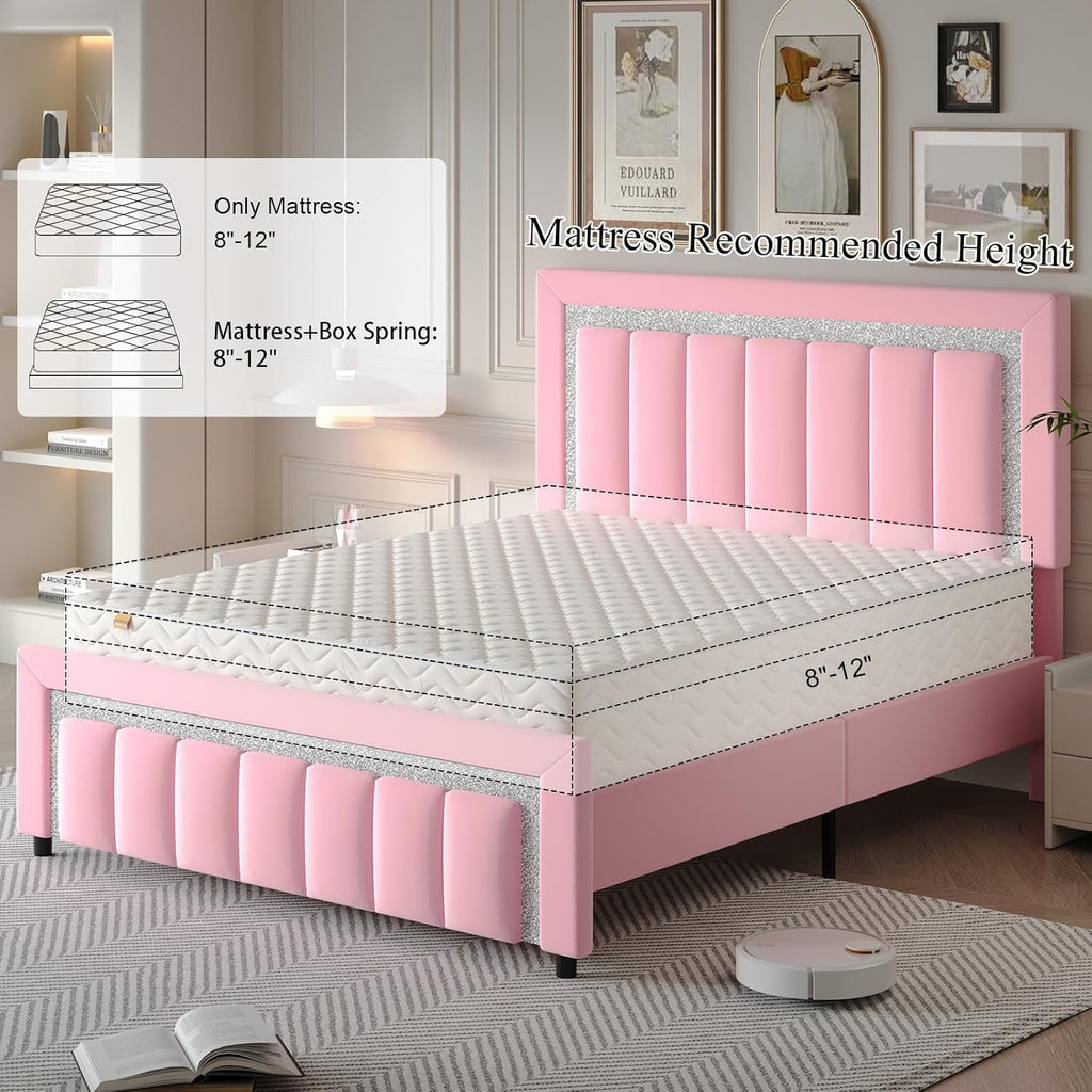 HOMBCK Queen Bed Frame, Upholstered Bed Frame with Diamond Headboard, Modern Queen Size Bed with Wooden Slats Support, Mattress Foundation, No Box Spring Needed, Easy Assembly, Pink