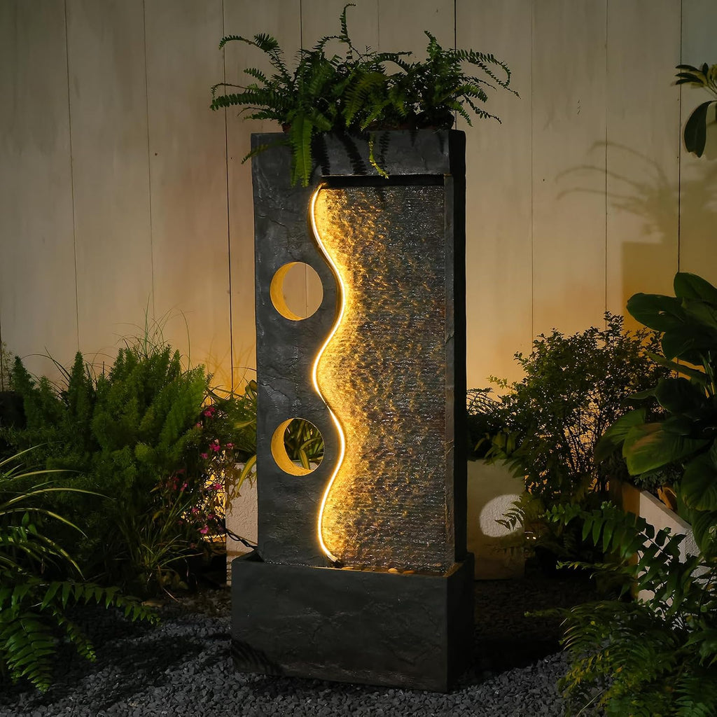 46.8' H Water Fountain Outdoor Water Fall Fountains Indoor Waterfall Modern Fountain with LED Lights Floor-Standing for Outside Garden, Patio, Backyard, Deck, Porch, Landscaping, Balconies