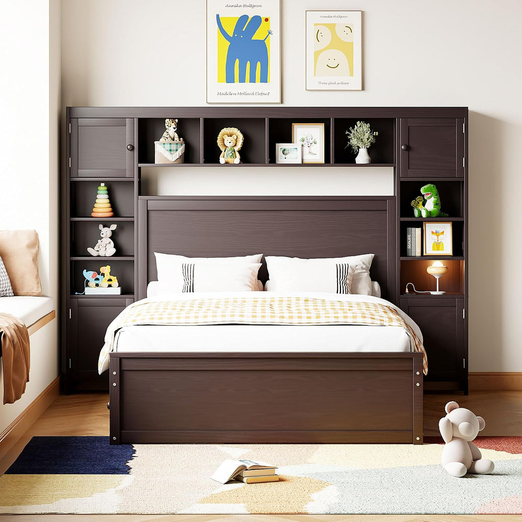 Harper & Bright Designs Full Platform Bed with All-in-One Cabinet, Shelf and Sockets Wood Full Size Beds with Trundle & 2 Drawers, Full Bed Frame for Bed Room, No Box Spring Needed,Espresso