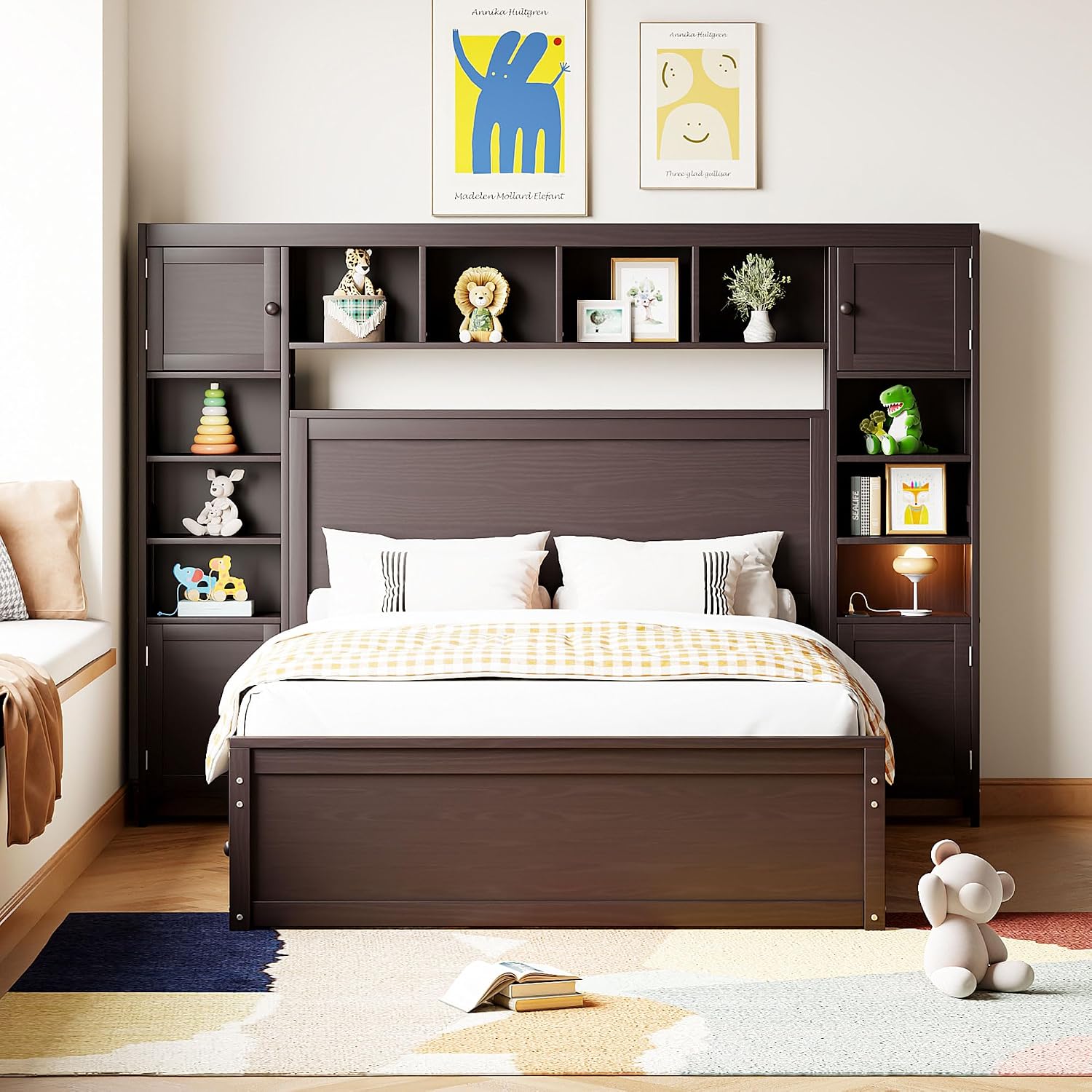 Harper & Bright Designs Full Platform Bed with All-in-One Cabinet, Shelf and Sockets Wood Full Size Beds with Trundle & 2 Drawers, Full Bed Frame for Bed Room, No Box Spring Needed,Espresso