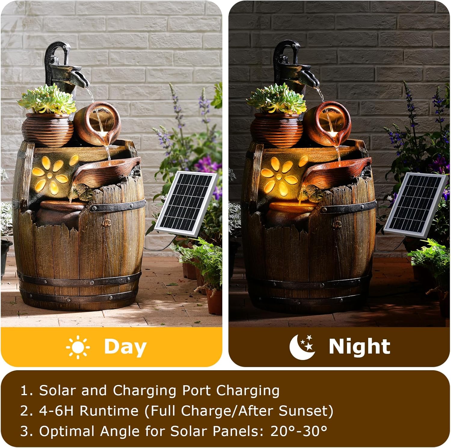 Solar Water Fountain Outdoor Rustic Pump and Barrel, 29' H Cascading Solar Powered Waterfall Fountains Outside Feature with LED Lights for Garden, Patio, Porch, Backyard Decor