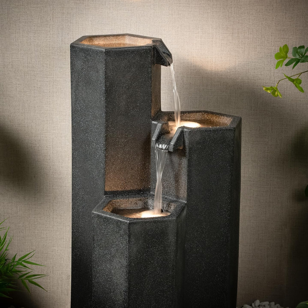 27.95'' H 3-Tiers Cascading Outdoor Water Fountain Made with Eco-Friendly Recyclable Materials, Polyethylene Waterfall Fountain, Outdoor Decor with LED Lights for Patio, Backyard