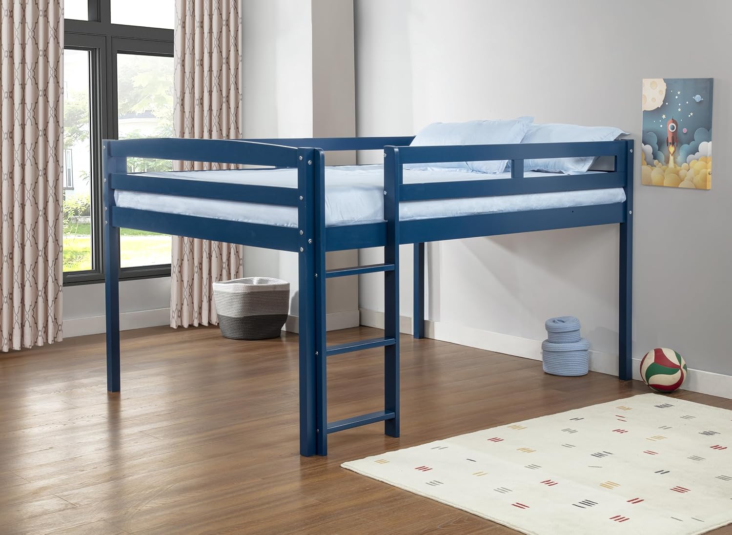Camaflexi Tribeca Wood Low Loft Bed Frame / 14 Wood Slats Support and 1 Center Support/No Box Spring Necessary/Easy Assembly/Full - Blue