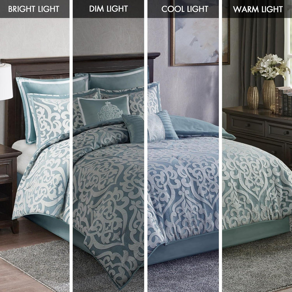 Madison Park Odette Cozy Comforter Set Jacquard Damask Medallion Design - Modern All Season, Down Alternative Bedding, Shams, Decorative Pillows, Cal King(104 in x 92 in), Aqua