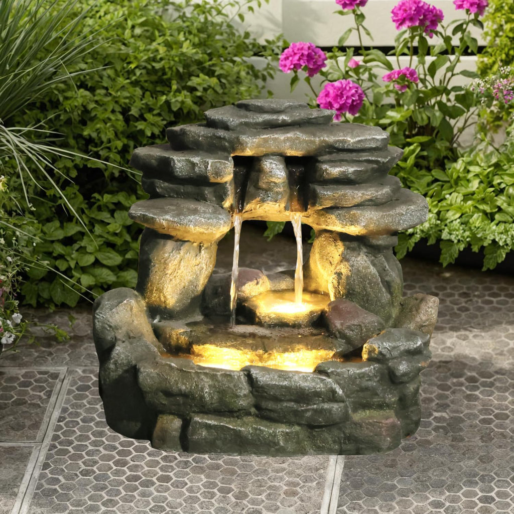 Bumilgar 15.6' H Small Garden Outdoor Rock Water Fountain with LED Lights, 3-Tier Cascading Waterfall Fountain for Patio, Porch, Backyard & Indoor Home Decor