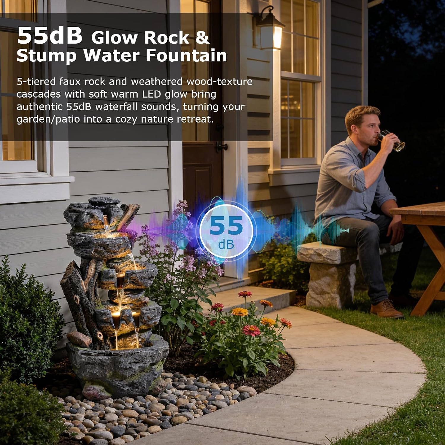 47.2' Tall Outdoor Water Fountain 5-Tier Large Cascading Waterfall Fountain Realistic Rock & Tree Trunk Design with LED Lights, Relaxing Water Flow for Garden, Patio, Backyard & Porch Decor