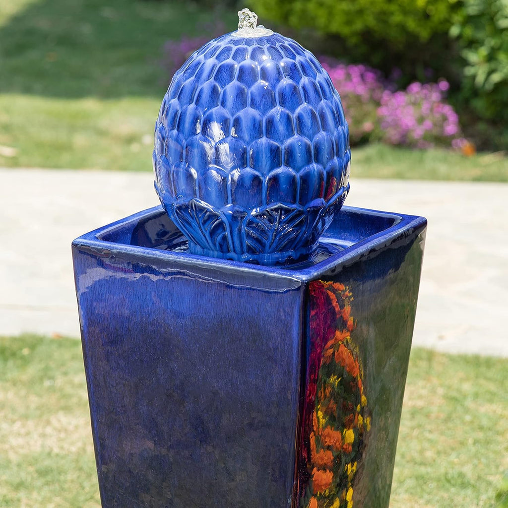 Glitzhome Water Fountain Outdoor with LED Light, Oversized Ceramic Pedestal Garden Fountains Outdoor, Artichoke Outdoor Fountains and Waterfalls Water Feature, Cobalt Blue, 35.75' H