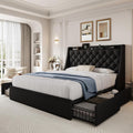 Queen Size Upholstered Platform Bed Frame with 4 Storage Drawers and Charging Station, Linen Button Tufted Wingback Headboard, Sturdy Wooden Support Slats, No Box Spring Needed, Black