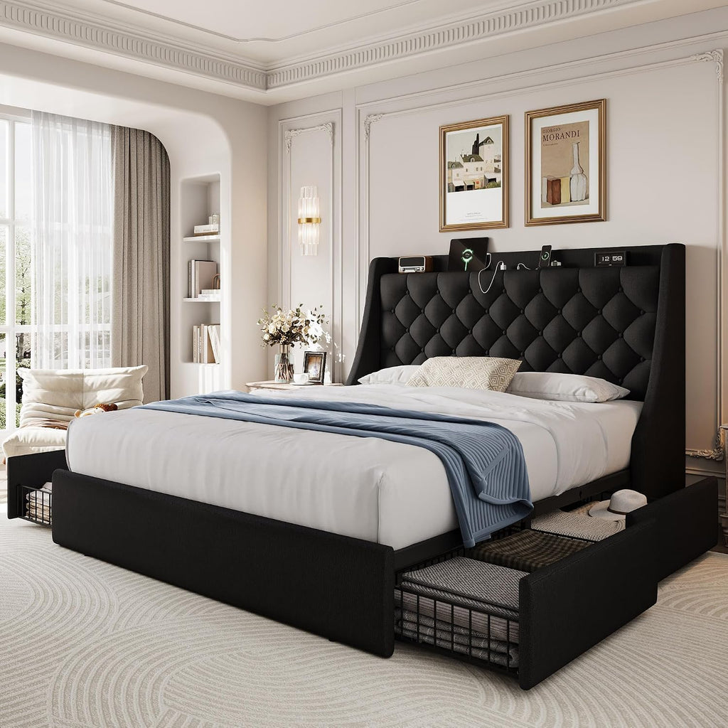 Full Size Bed Frame with 4 Storage Drawers & Charging Headboard, Linen Button Tufted Upholstered Platform Bedframe/w Wingback, Sturdy Wooden Support Slats, No Box Spring Needed, Black