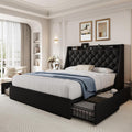 Full Size Bed Frame with 4 Storage Drawers & Charging Headboard, Linen Button Tufted Upholstered Platform Bedframe/w Wingback, Sturdy Wooden Support Slats, No Box Spring Needed, Black