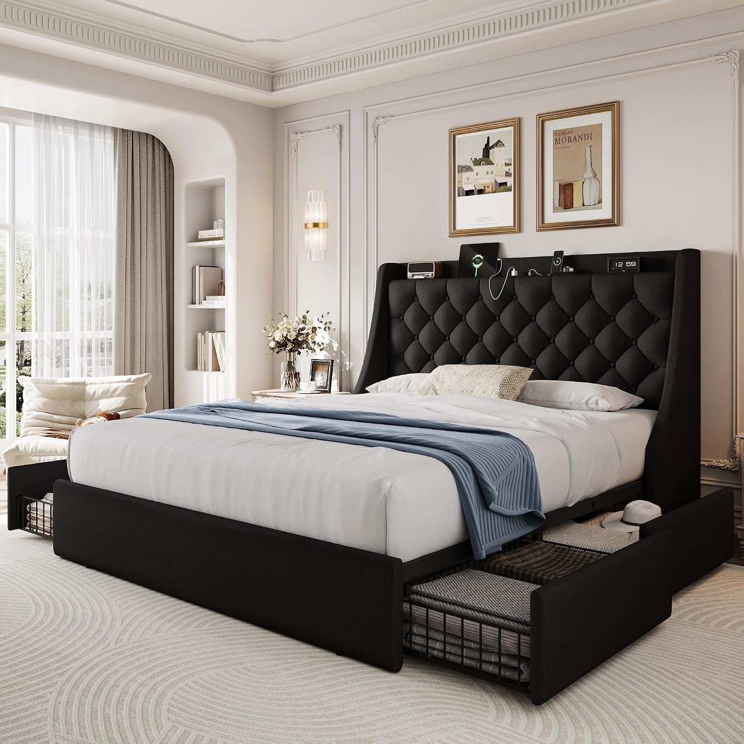 Full Size Bed Frame with 4 Storage Drawers & Charging Headboard, Linen Button Tufted Upholstered Platform Bedframe/w Wingback, Sturdy Wooden Support Slats, No Box Spring Needed, Black