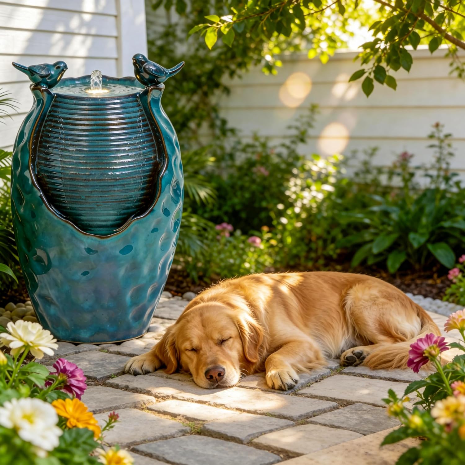 24.8' H Ceramic Jar Outdoor Water Fountain with LED Lights & Bird Accents, Elegant Turquoise Glaze with Bubble-Like Texture, Decorative Garden Water Feature