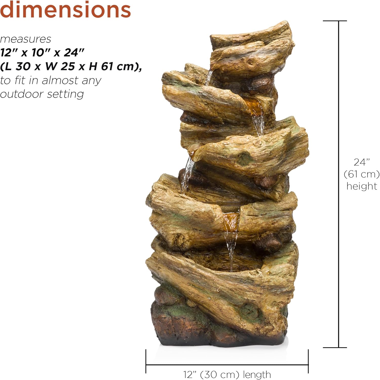 Alpine Corporation TZL226 Outdoor 4 Tier Log Tree Trunk Waterfall Floor Fountain with LED Lights, Tiered Garden Décor, 24' H, Brown