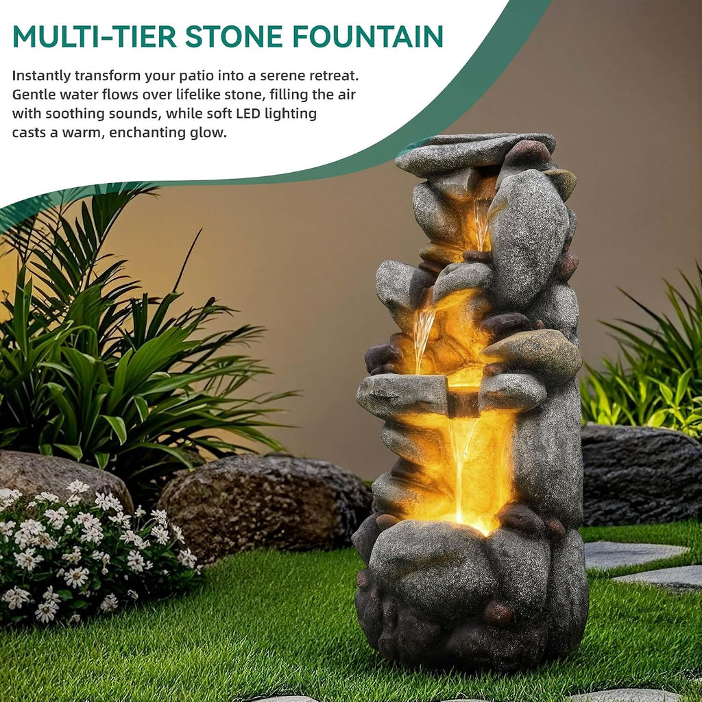 Utym 40' H Oversized Rock Outdoor Fountain with Warm LED Lights, 3-Tier Extra-Large Stacked River Pebbles Waterfall, Weather-Resistant Resin Feature for Garden Patio Yard