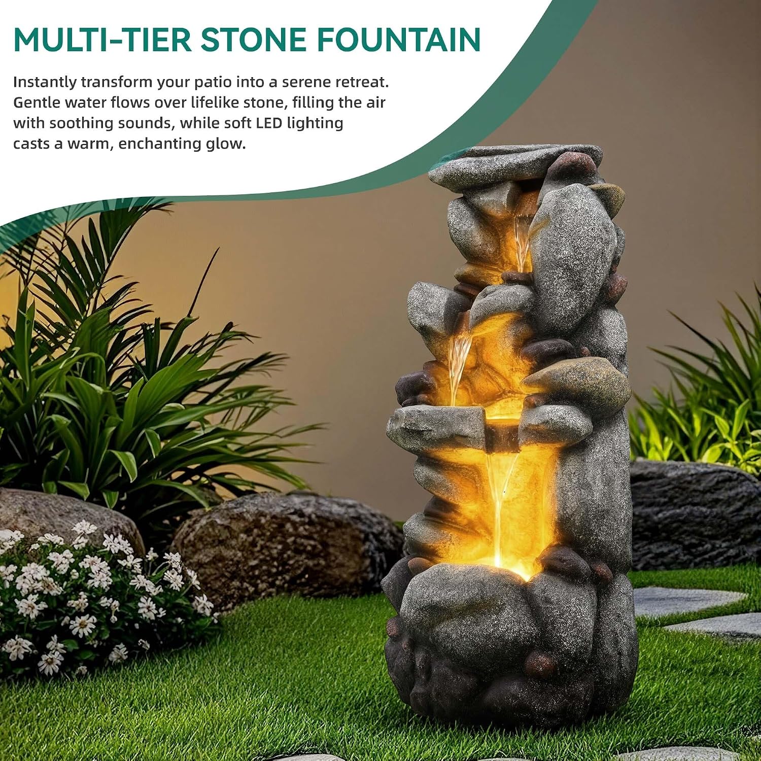 Utym 40' H Oversized Rock Outdoor Fountain with Warm LED Lights, 3-Tier Extra-Large Stacked River Pebbles Waterfall, Weather-Resistant Resin Feature for Garden Patio Yard