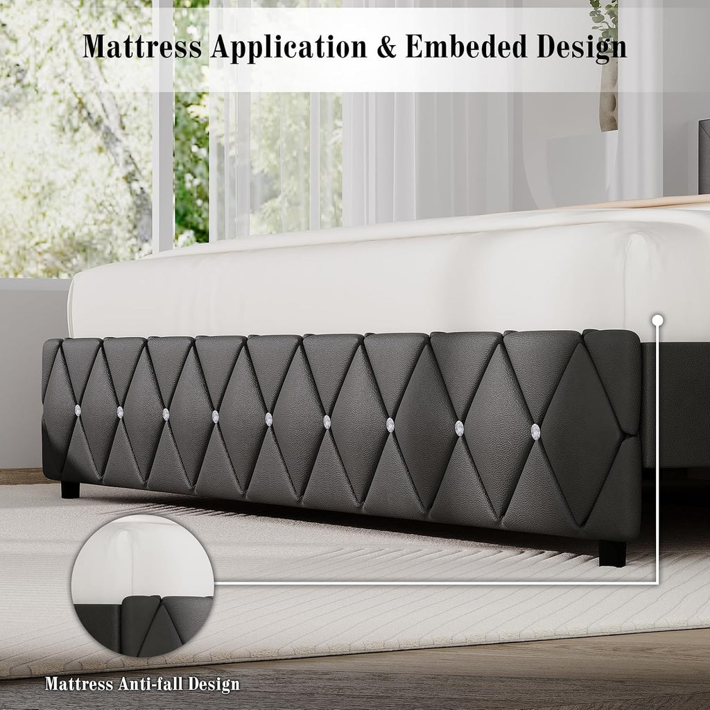 BarnFurin King Bed Frame with Diamond Tufted Headboard, Faux Leather Upholstered Bed with Wooden Slats Support, No Box Spring Needed, Mattress Foundation, Easy Assembly, Gray