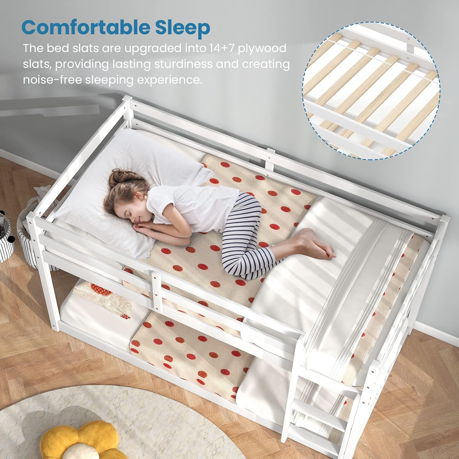 KOMFOTT Low Bunk Bed Twin Over Twin, Solid Wood Bunk Bed Frame with Built-in Ladder & Safety Guardrails, Space-Saving Low Bunk Bed for Kids, Teens, No Box Spring Needed