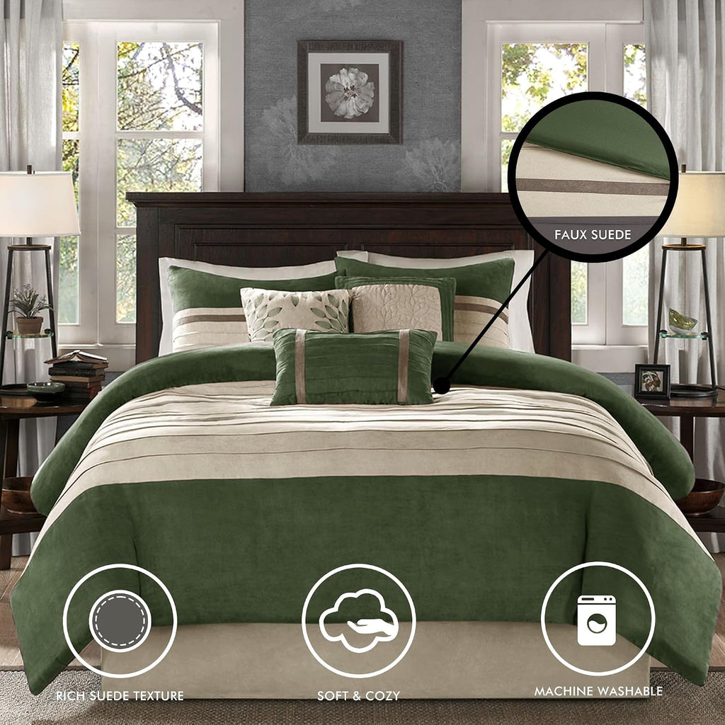 Madison Park Cozy Comforter Set-Luxury Faux Suede Design, Striped Accent, All Season Down Alternative Bedding, Matching Shams, Decorative Pillow, Green, California King (104 in x 92 in)