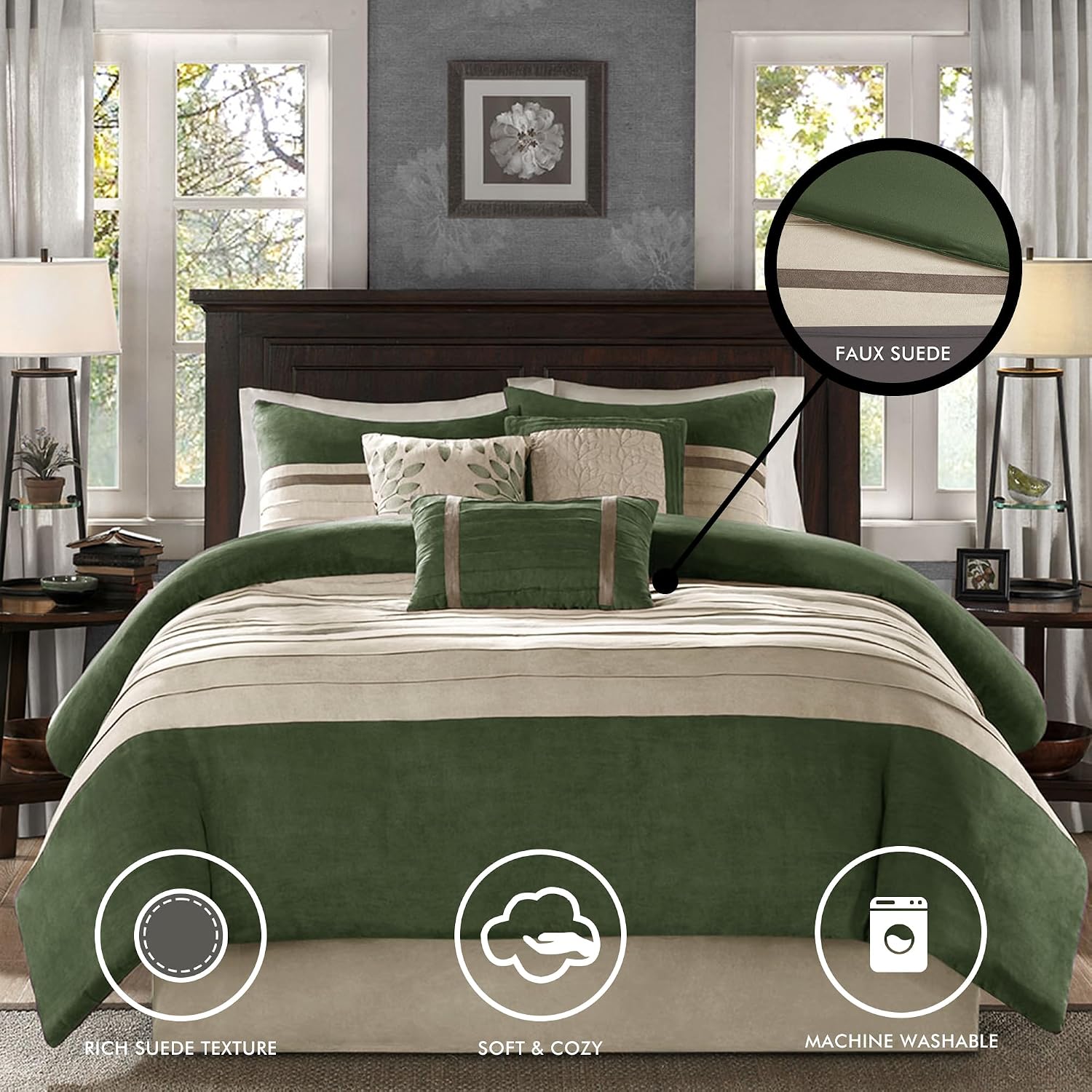 Madison Park Cozy Comforter Set-Luxury Faux Suede Design, Striped Accent, All Season Down Alternative Bedding, Matching Shams, Decorative Pillow, Green, California King (104 in x 92 in)