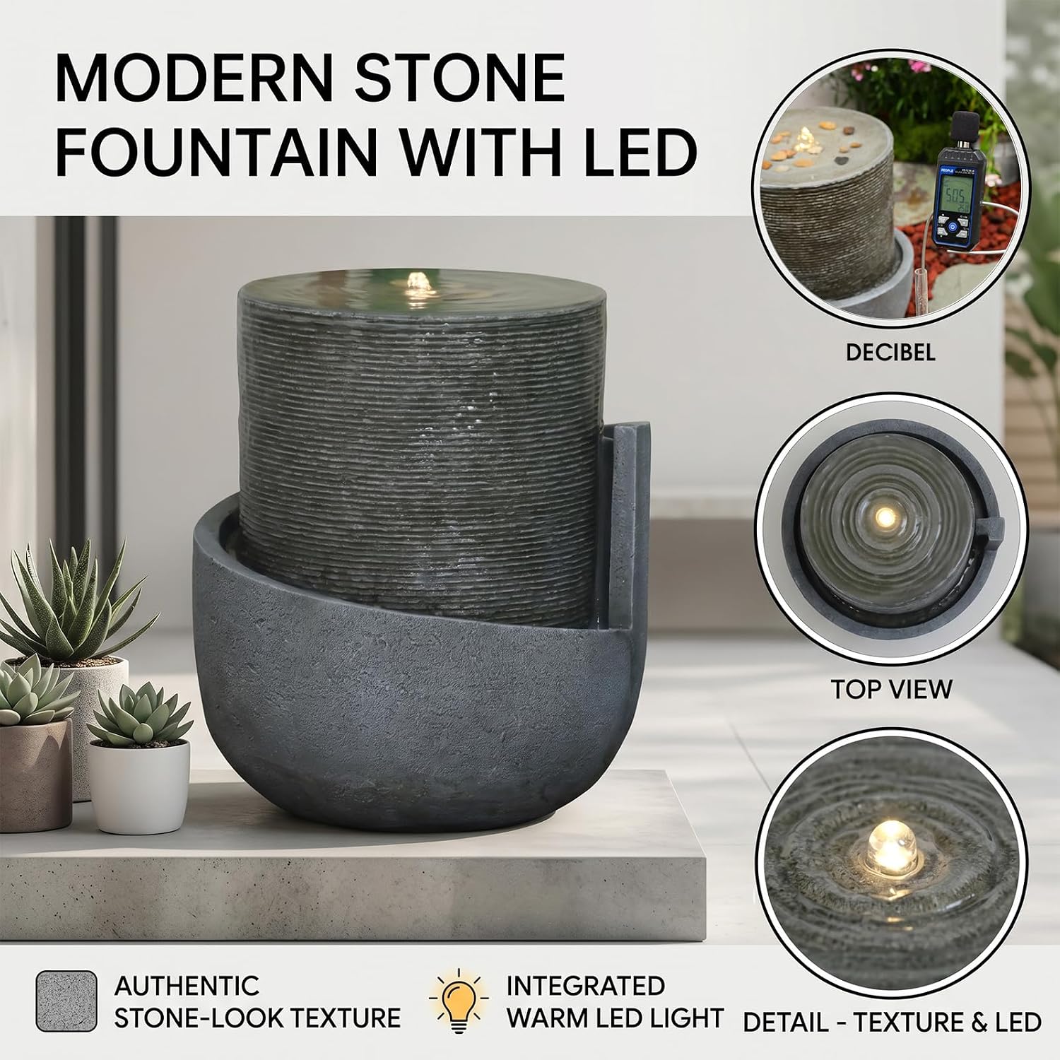 Sunlinua 18H Modern Outdoor Water Fountain with Led Lights Tiered Cascading Waterfall Feature with Quiet Pump Floor Water Fountain for Patio Garden Backyard Decking Home and Indoor Décor Brown Gray