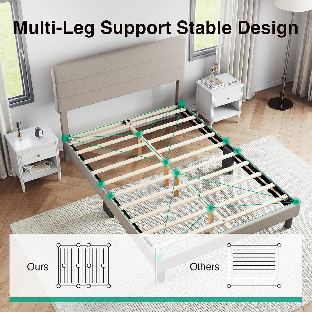 Novilla Full Size Bed Frame with Headboard, Full Bed Frame with Wooden Slats Support, Linen Upholstered Stripe Headboard, No Box Spring Needed, Heavy Duty Feet, Easy Assembly, Beige