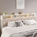 King Headboard Only, Headboard for King Size Bed with Storage, Upholstered Headboards with LED Lights & Charging Station, Attach Frame, Ideal for Bedroom/Dorm/Guest Room, White & Beige