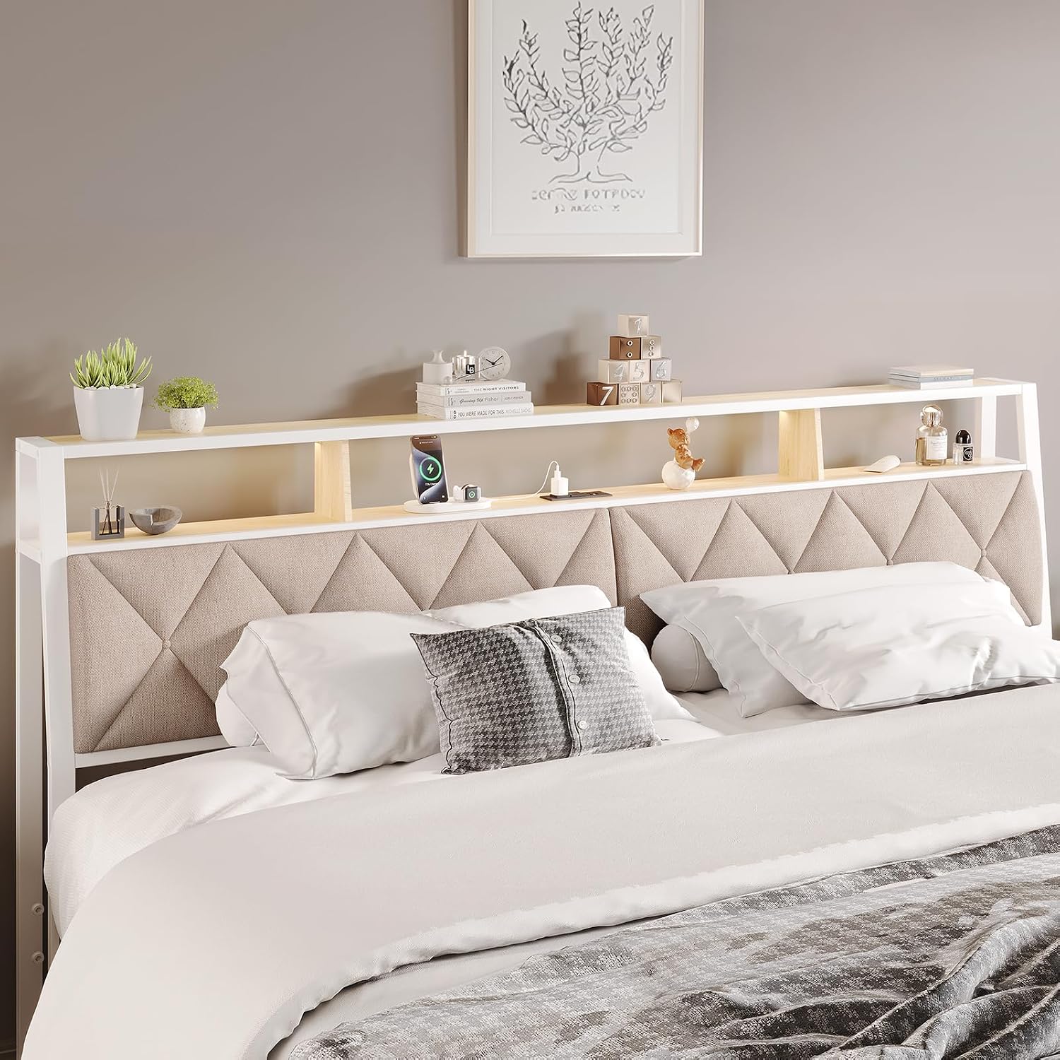 King Headboard Only, Headboard for King Size Bed with Storage, Upholstered Headboards with LED Lights & Charging Station, Attach Frame, Ideal for Bedroom/Dorm/Guest Room, White & Beige