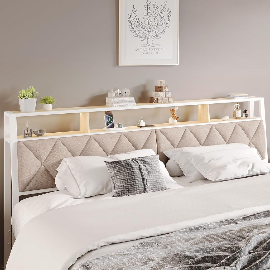 Full Headboard Only, Headboard for Full Size Bed with Storage, Upholstered Headboards with LED Lights & Charging Station, Attach Frame, Ideal for Bedroom/Dorm/Guest Room, White & Beige