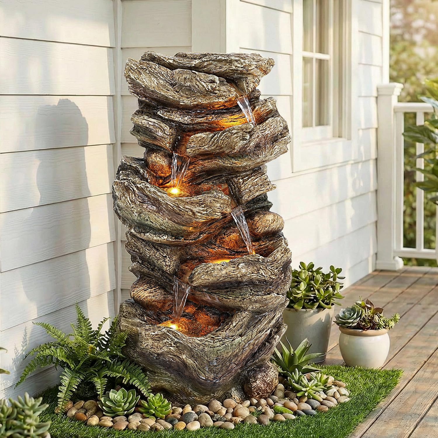 Jocoevol 32' High Outdoor Water Fountain, 5-Tiers Cascading Rock Waterfall Fountain with LED Lights for Garden, Patio, Yard Decor, Soothing Tranquility for Any Outdoor Living Space