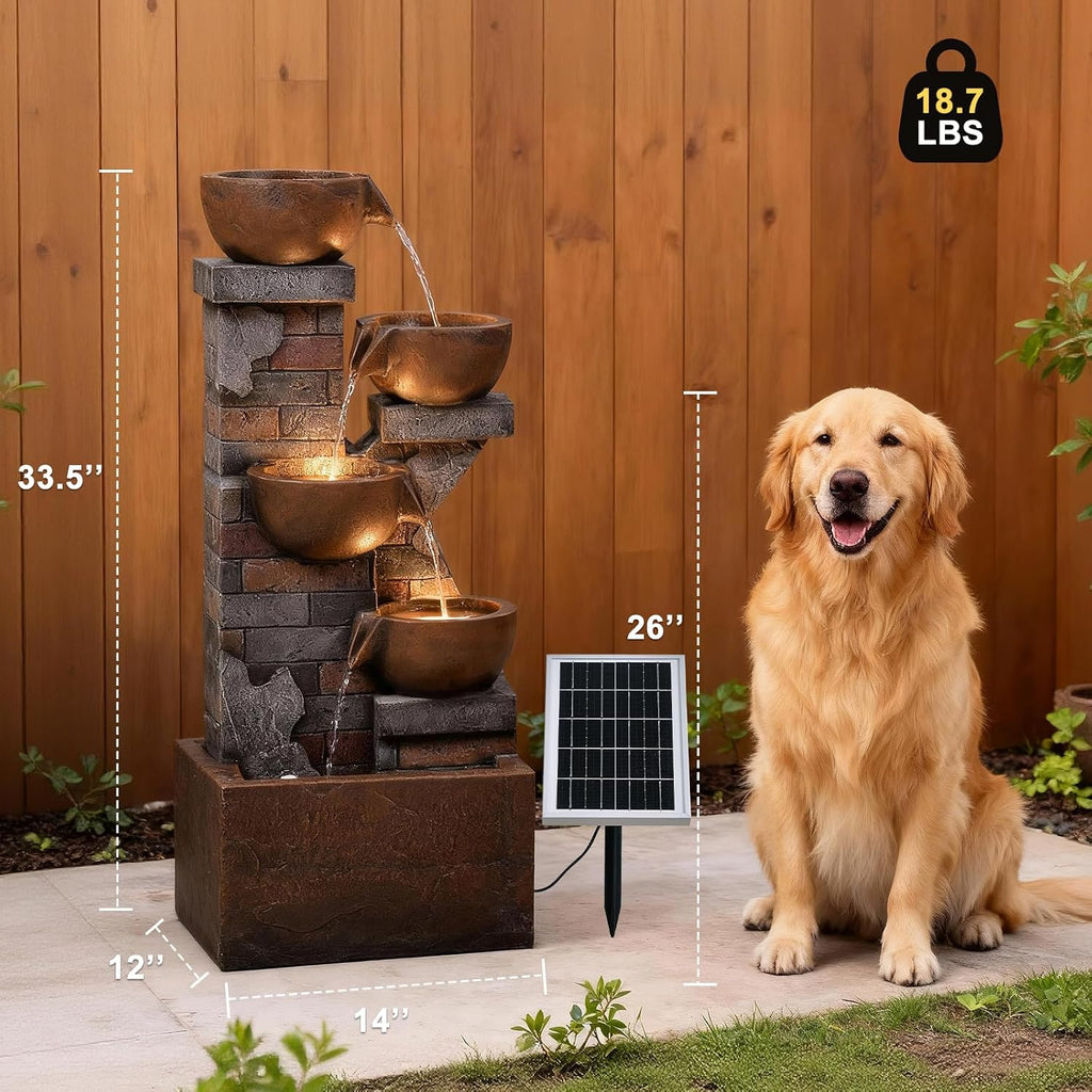 5 Tiers Solar Outdoor Water Fountain - 33.5' H Shape K Indoor Waterfall Fountain with LED Lights for Patio, Balconies, Lawns, Deck, Porch Backyard and Home Art Decor
