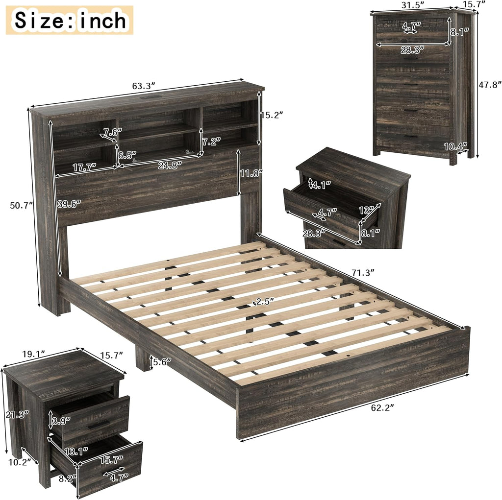 4-Piece Bedroom Furniture Sets, Wooden Queen Size Platform Bed Frame with Storage Headboard and Charging Station, 2 Nightstands with 2 Drawers, 1 Dresser with 5 Drawers (Antique Gray-01)