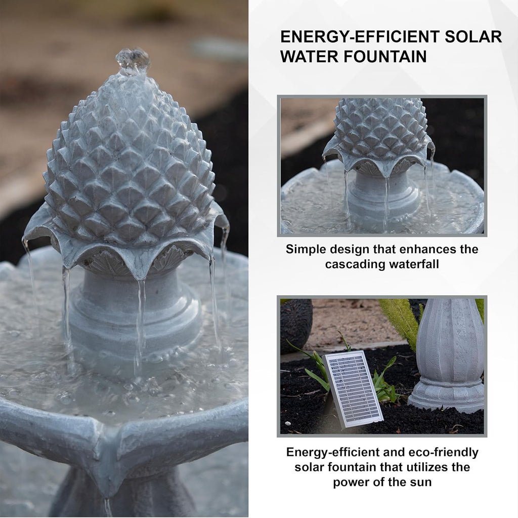 XBrand 44' Tall White Fiberglass/Resin 2-Tiered Solar Water Fountain w/Solar Panel and Auto-Shut Off Pump for Home Garden Yard Decor