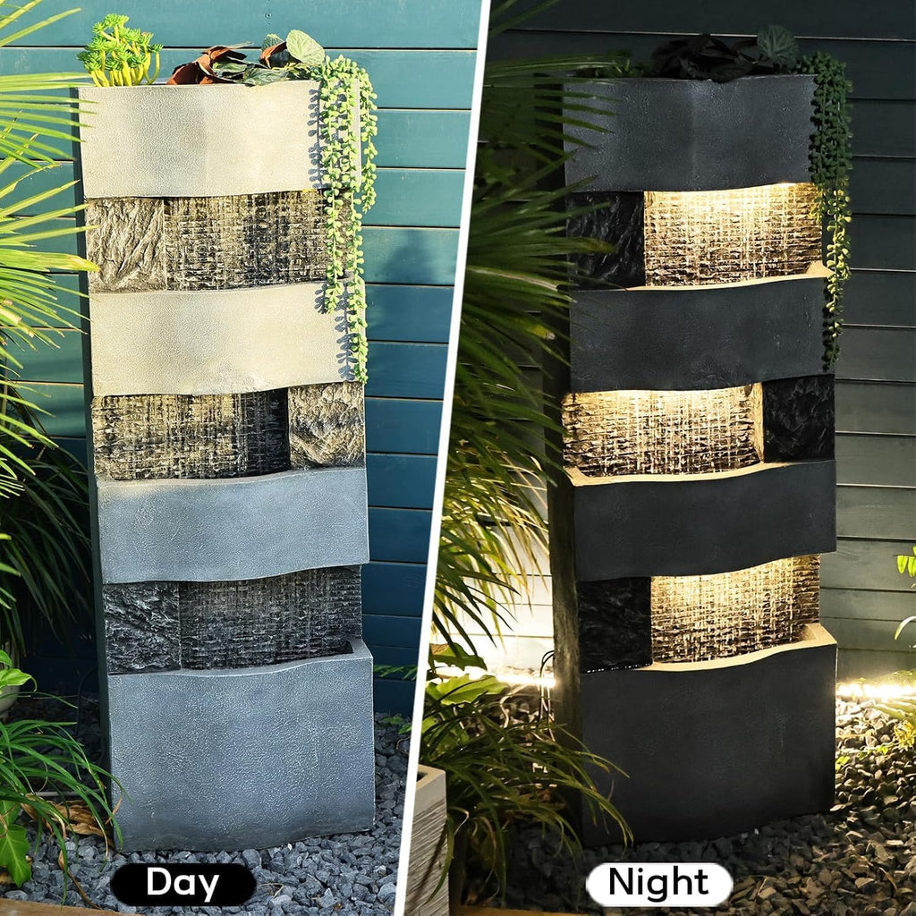 Sunlinua 40.5' H Modern Outdoor Water Fountain with LED Lights – Tall Garden Waterfall Fountain for Patio, Yard, Landscape or Indoor Decor, 4 Tiers Floor Standing Waterfall Outdoor Fountains