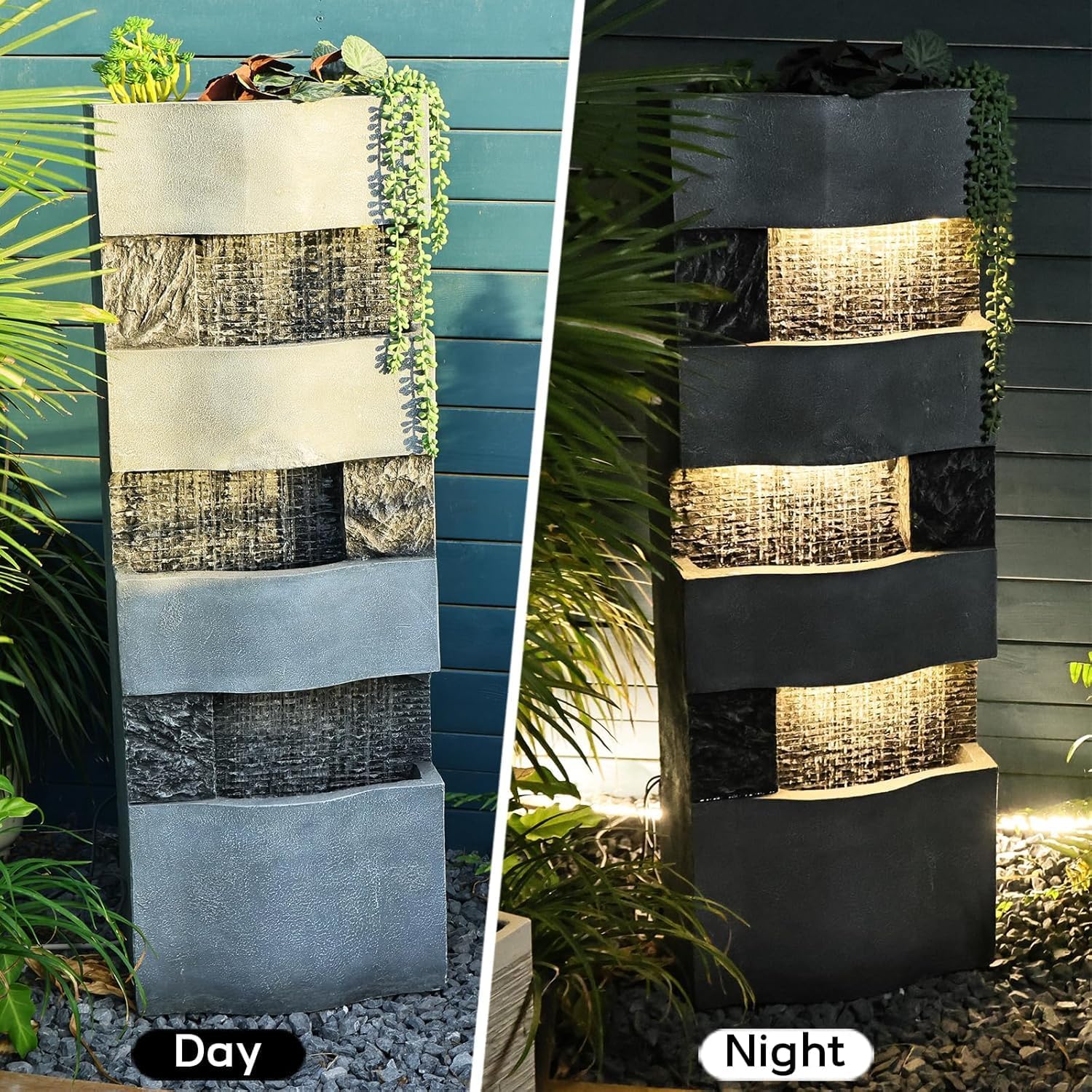 Sunlinua 40.5' H Modern Outdoor Water Fountain with LED Lights – Tall Garden Waterfall Fountain for Patio, Yard, Landscape or Indoor Decor, 4 Tiers Floor Standing Waterfall Outdoor Fountains
