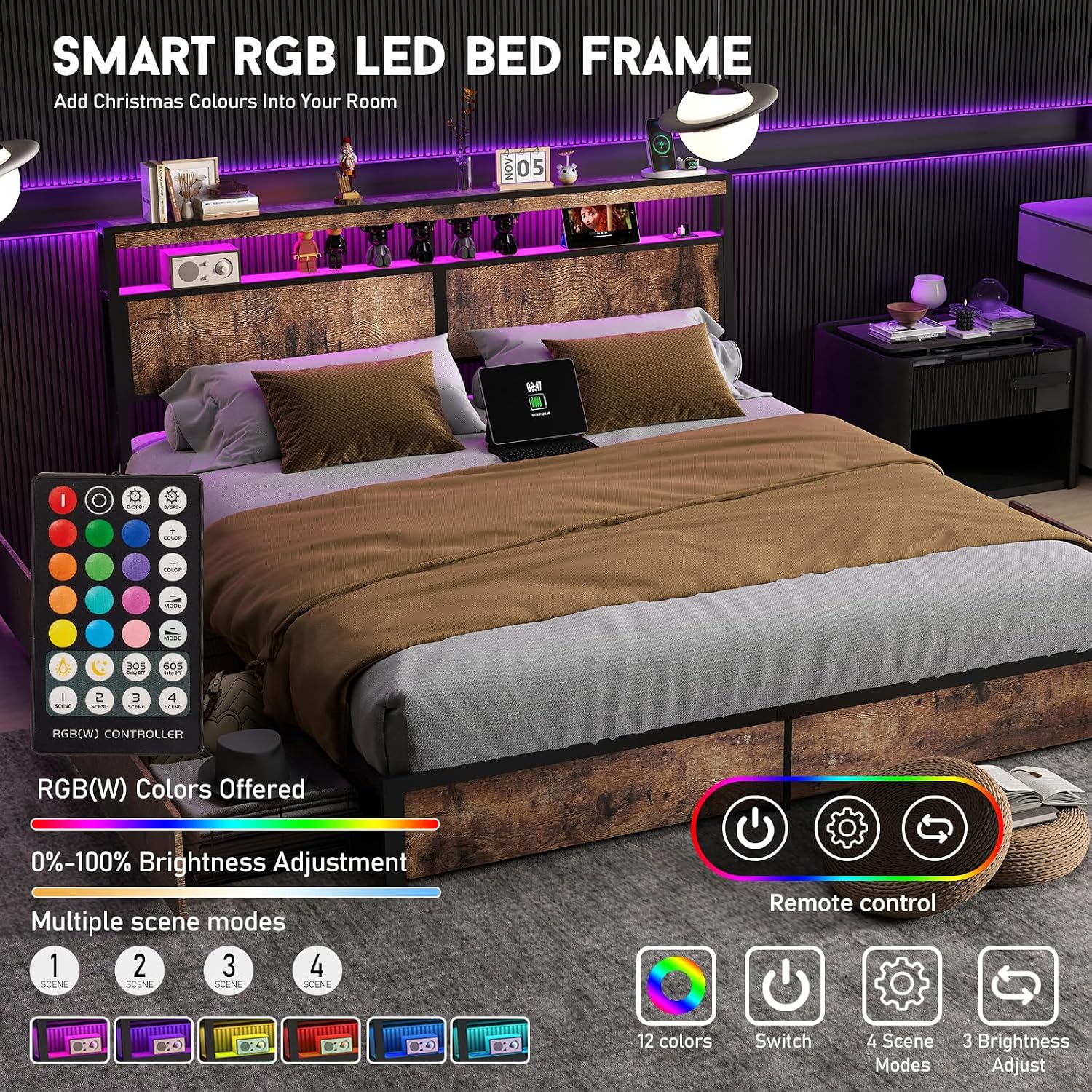 Fabulis King Size Bed Frame with 4 Storage Drawers and Headboard with Charging Station and LED Lights,2 Tier Solid Wood Headboard Storage,Noise Free,Easy Assembly, Vintage Brown