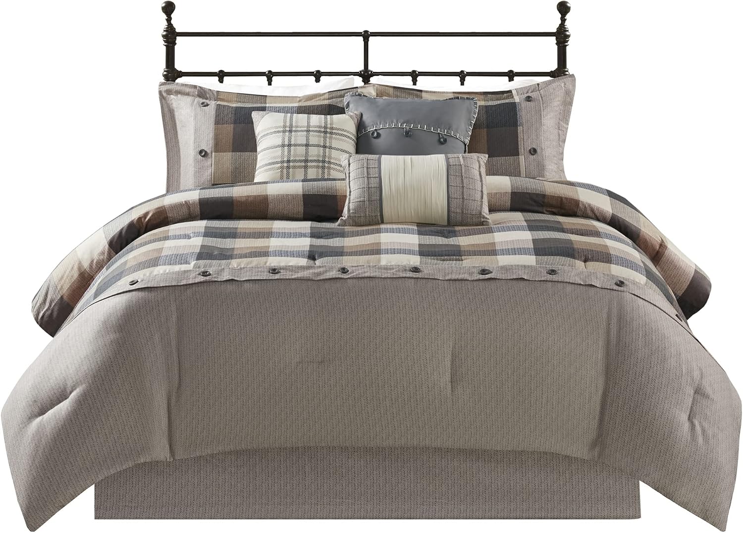 Madison Park Ridge Comforter Set-Cabin Lodge Plaid Herringbone Design All Season Down Alternative Cozy Bedding with Matching Bedskirt, Shams, Decorative Pillow, King(104'x92'), Neutral 7 Piece